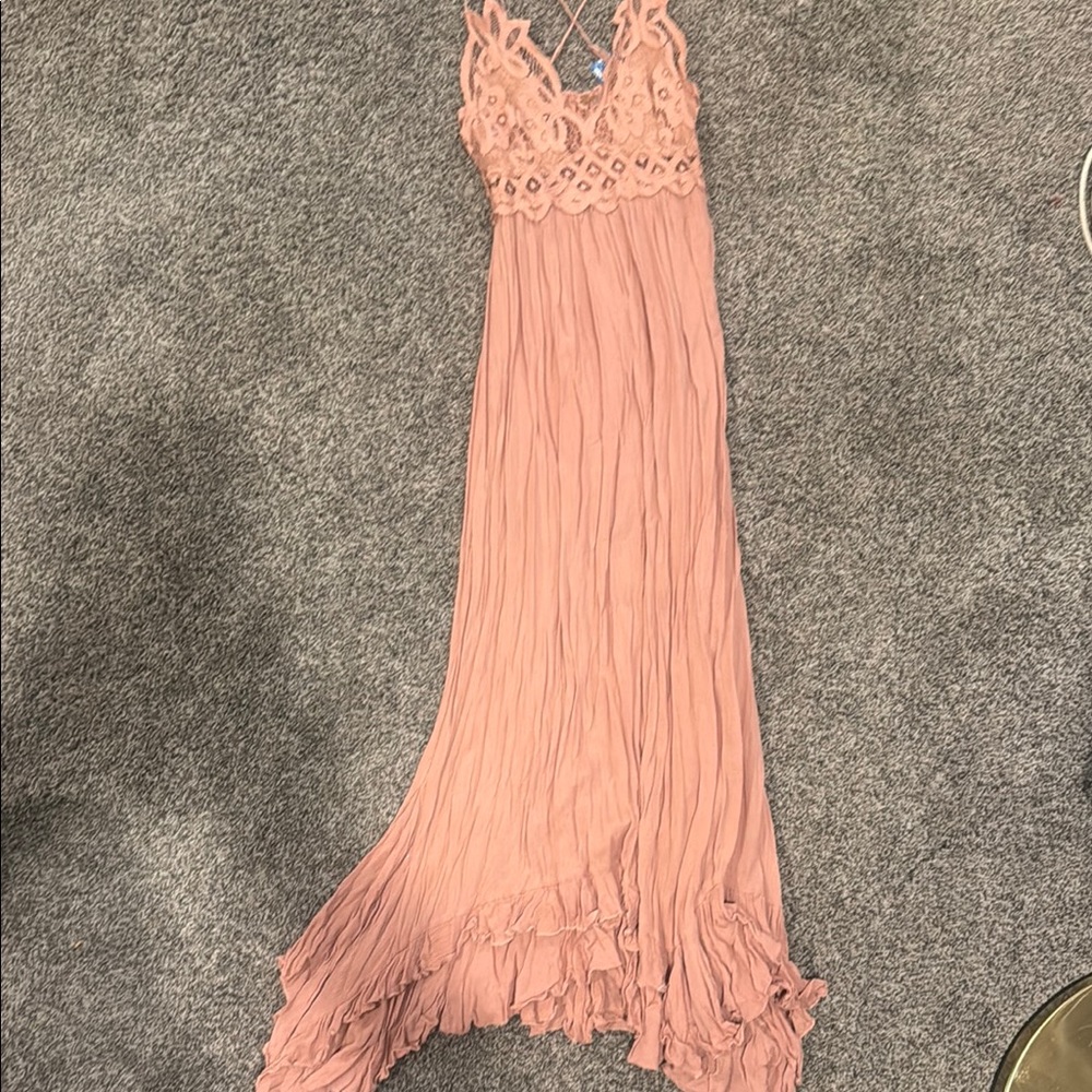 Free People Orange Pink Pleated Fringed Midi Sundress